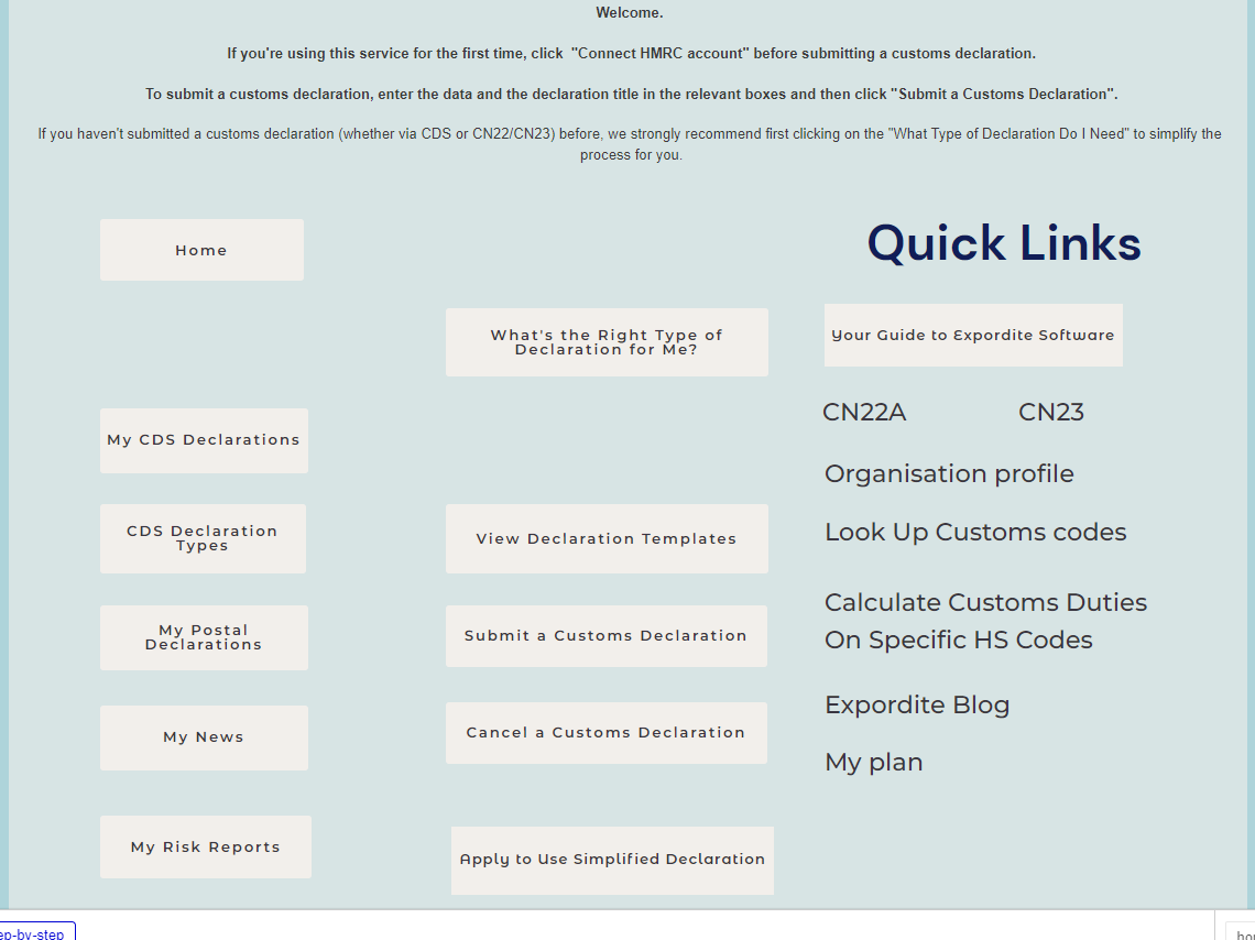 The main dashboard in Kate’s app, Expordite.