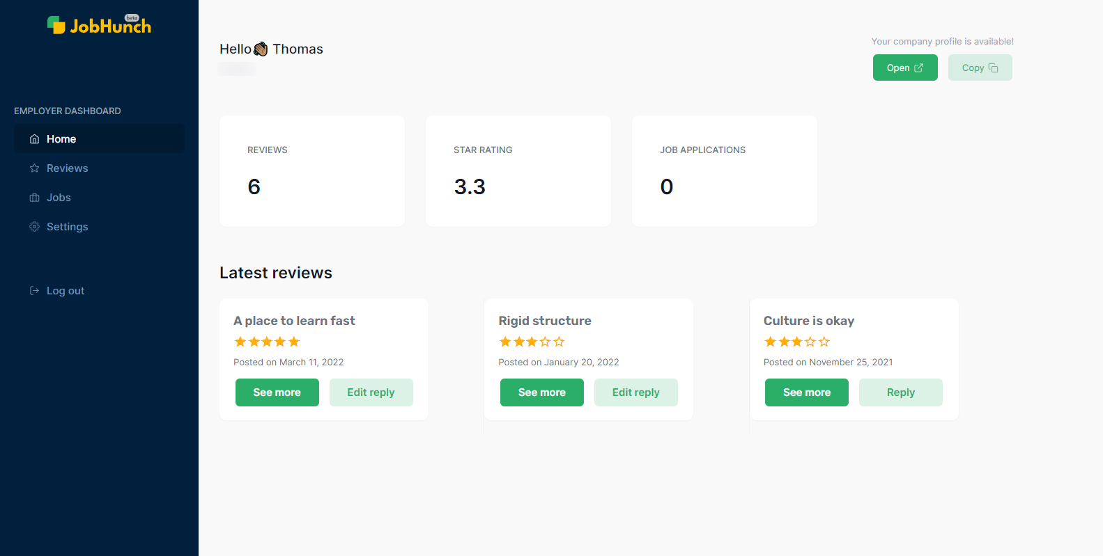 The JobHunch dashboard, one of Tobi’s side projects.