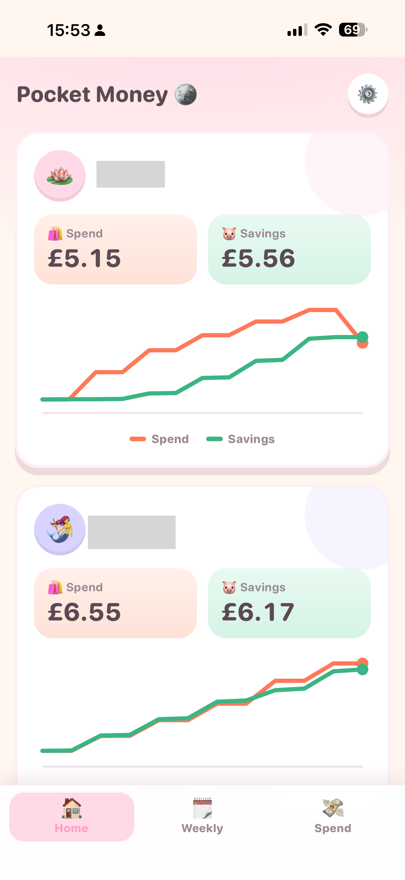 The main screen of the pocket money app on my phone
